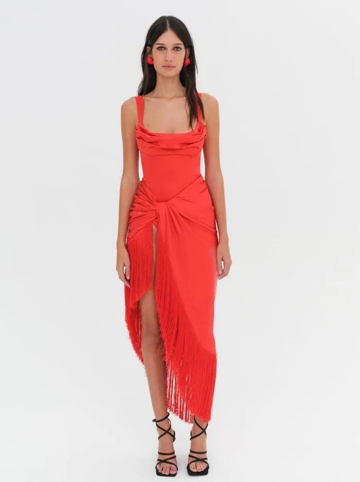 Women Anisa Fringe Midi Dress Red For Love and Lemons Dresses