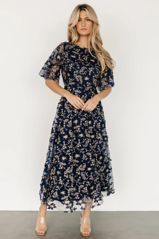 Women Arabella Embroidered Tulle Maxi Dress Navy Gold Baltic Born Maxi Dresses