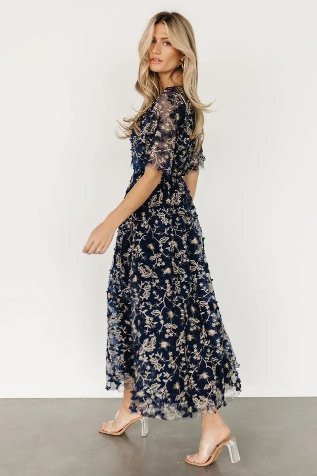 Women Arabella Embroidered Tulle Maxi Dress Navy Gold Baltic Born Maxi Dresses