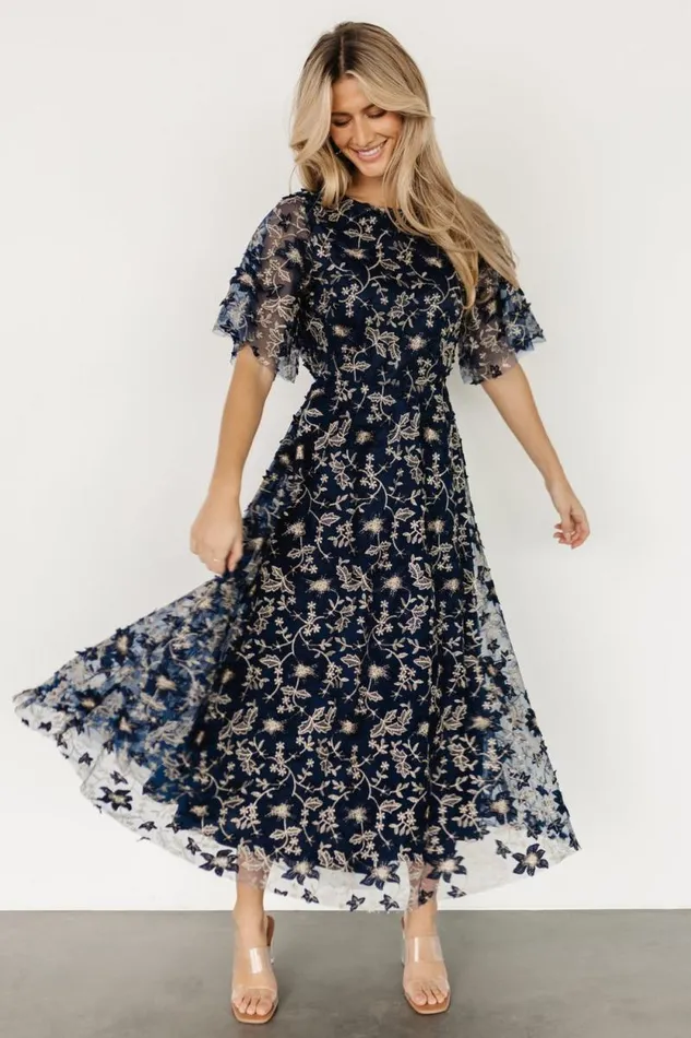 Women Arabella Embroidered Tulle Maxi Dress Navy Gold Baltic Born Maxi Dresses