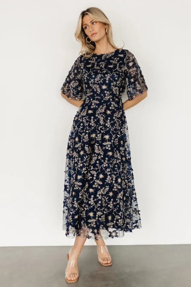 Women Arabella Embroidered Tulle Maxi Dress Navy Gold Baltic Born Maxi Dresses