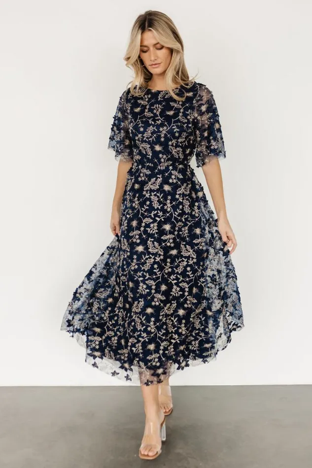 Women Arabella Embroidered Tulle Maxi Dress Navy Gold Baltic Born Maxi Dresses