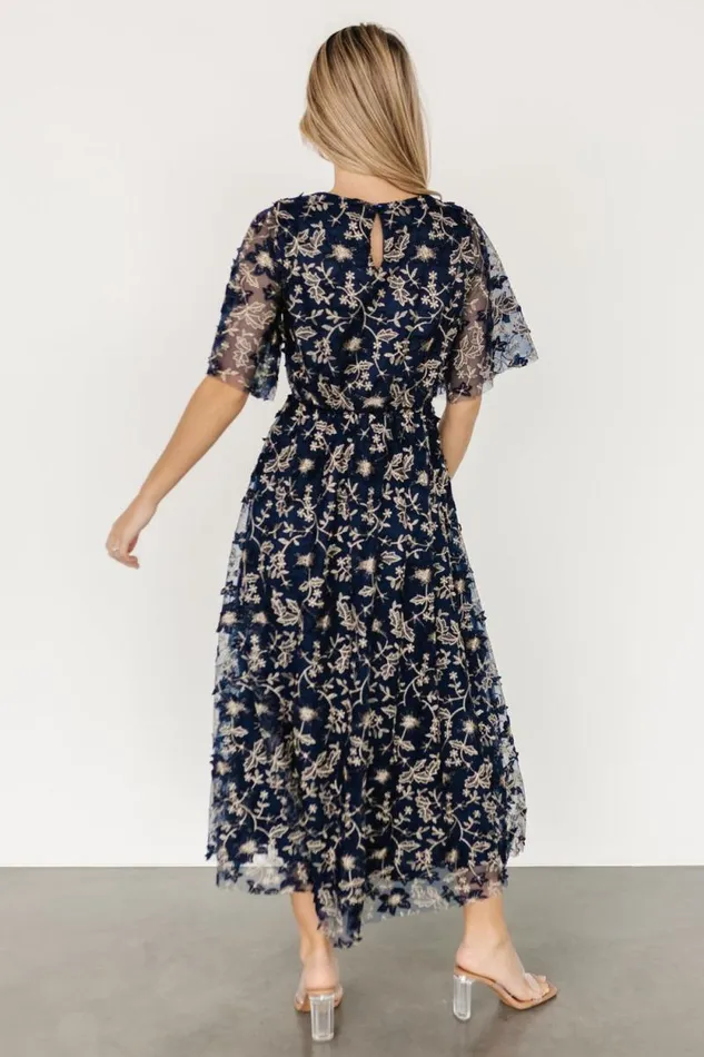 Women Arabella Embroidered Tulle Maxi Dress Navy Gold Baltic Born Maxi Dresses