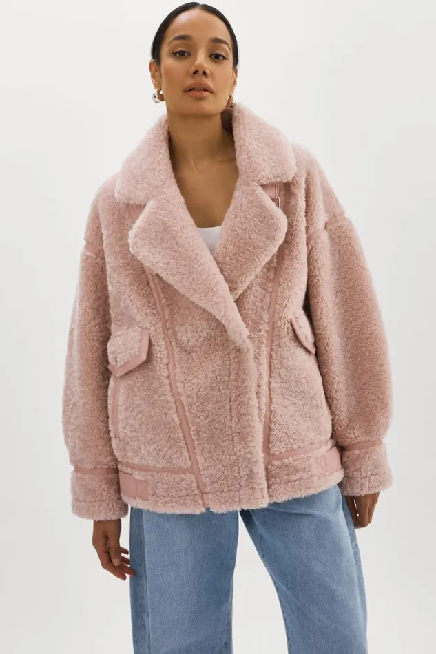 Women BADU Oversized Faux Shearling Jacket Light Pink LAMARQUE Sherpa