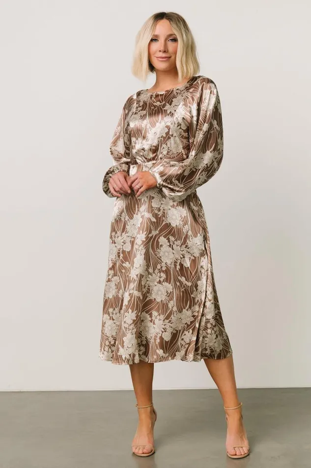 Women Beverly Satin Midi Dress Mocha Print Baltic Born Midi Dresses
