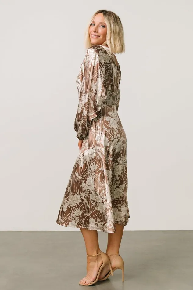 Women Beverly Satin Midi Dress Mocha Print Baltic Born Midi Dresses