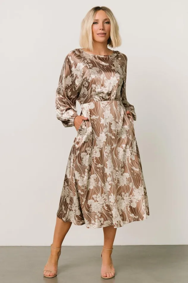 Women Beverly Satin Midi Dress Mocha Print Baltic Born Midi Dresses