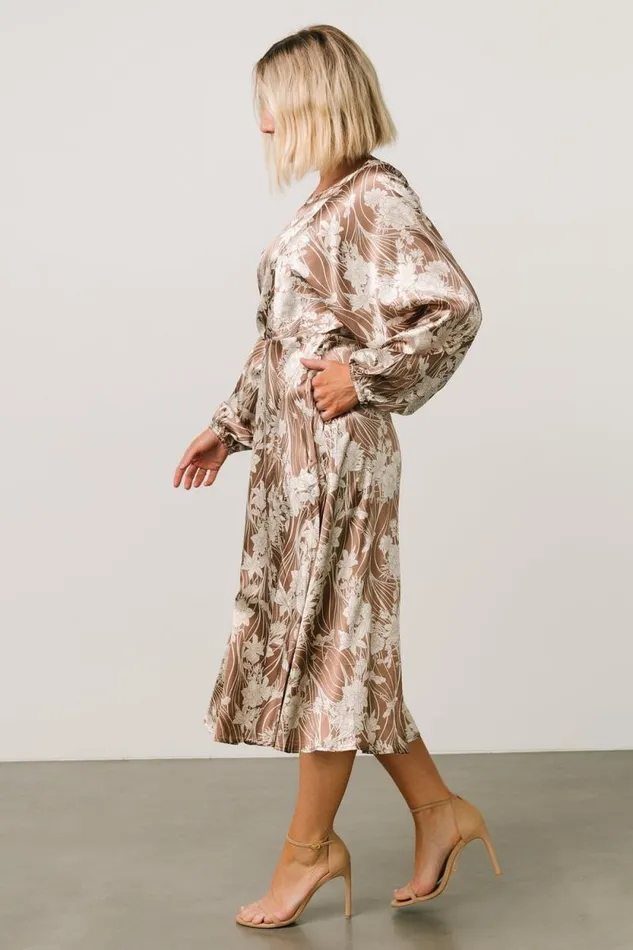 Women Beverly Satin Midi Dress Mocha Print Baltic Born Midi Dresses