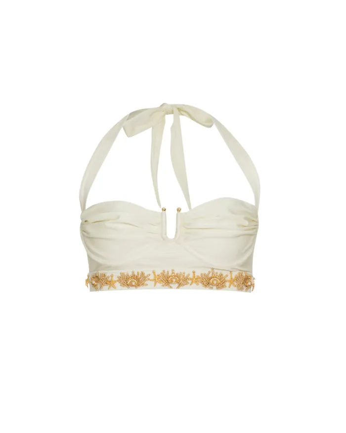 Women Bikinis PatBO PORTOFINO HANDBEADED HALTERNECK TOP Ivory