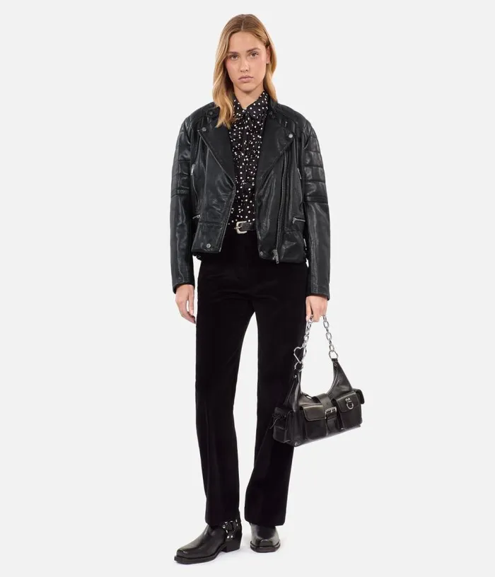 Women Black Leather Biker Jacket THE KOOPLES Coats and Jackets