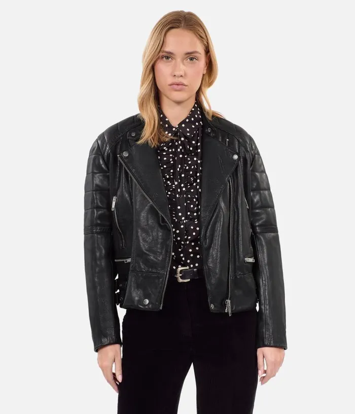 Women Black Leather Biker Jacket THE KOOPLES Coats and Jackets