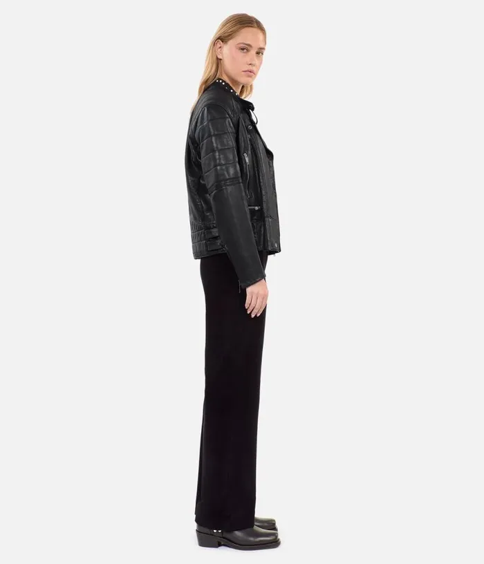 Women Black Leather Biker Jacket THE KOOPLES Coats and Jackets