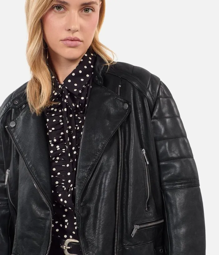 Women Black Leather Biker Jacket THE KOOPLES Coats and Jackets
