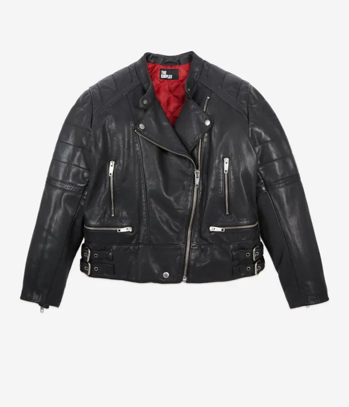 Women Black Leather Biker Jacket THE KOOPLES Coats and Jackets