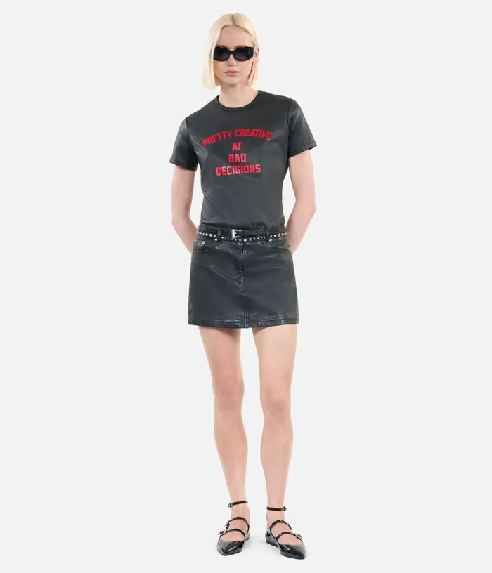 Women Black Leather Pretty Creative Serigraphy Tshirt THE KOOPLES Blouses and Shirts