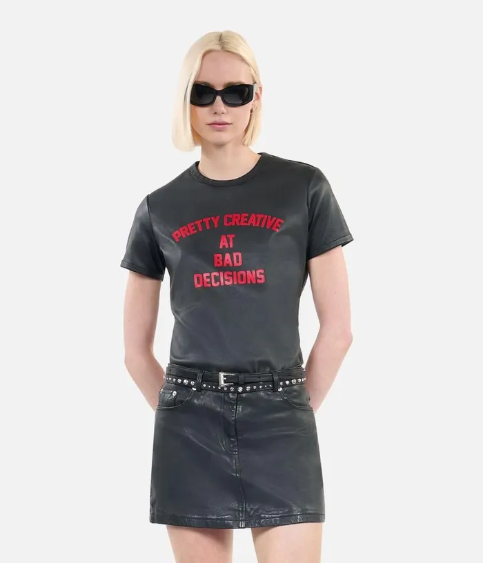 Women Black Leather Pretty Creative Serigraphy Tshirt THE KOOPLES Blouses and Shirts