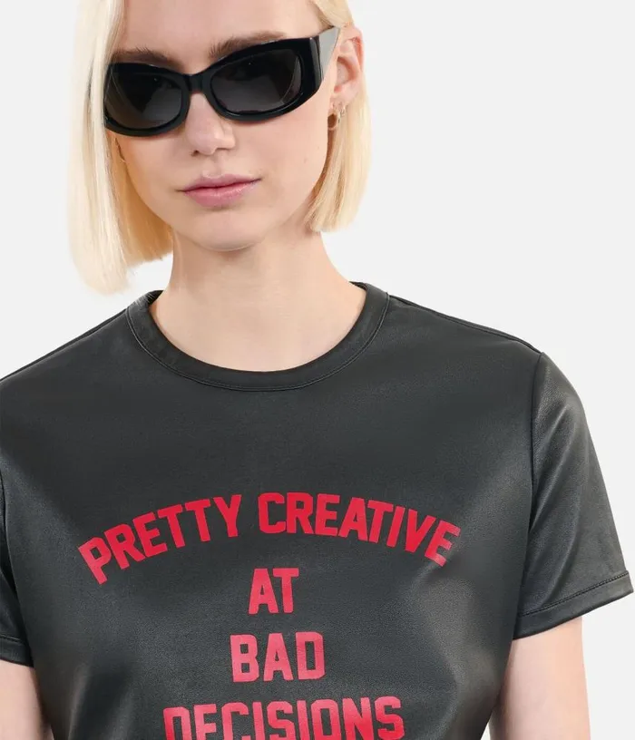 Women Black Leather Pretty Creative Serigraphy Tshirt THE KOOPLES Blouses and Shirts