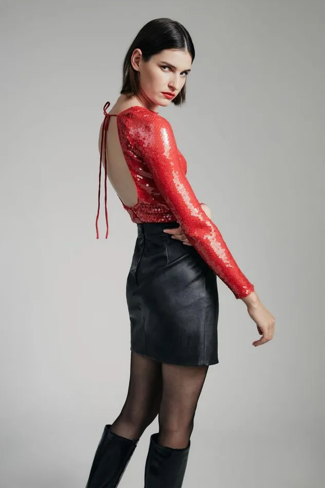 Women Bodysuits Bardot Brenna Sequin Bodysuit In Deep Red Deep Red
