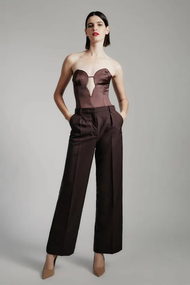 Women Bodysuits Bardot Eleni Satin Bodysuit In Chocolate Chocolate
