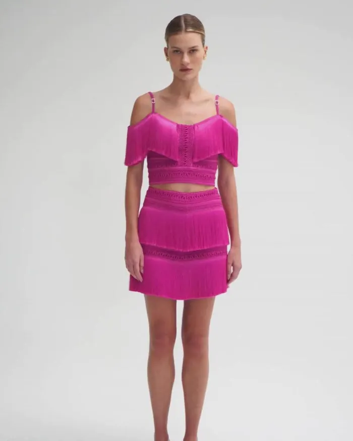 Women Bottoms PatBO Fringe Mini Skirt Cerise