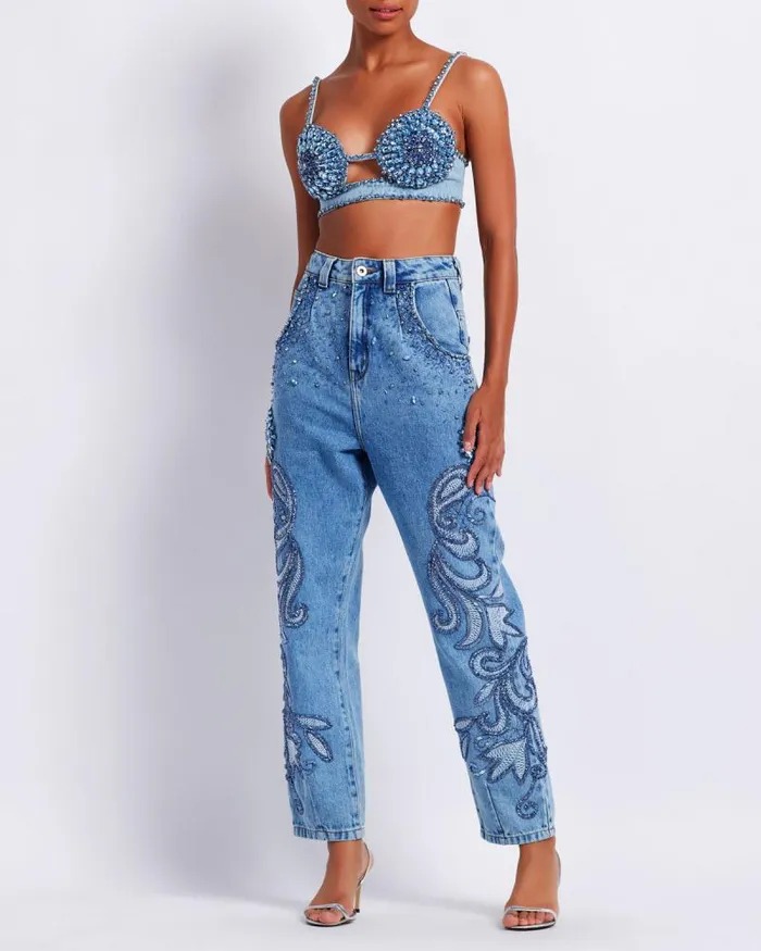 Women Bottoms PatBO HANDBEADED STRAIGHT LEG JEANS FINAL SALE Denim
