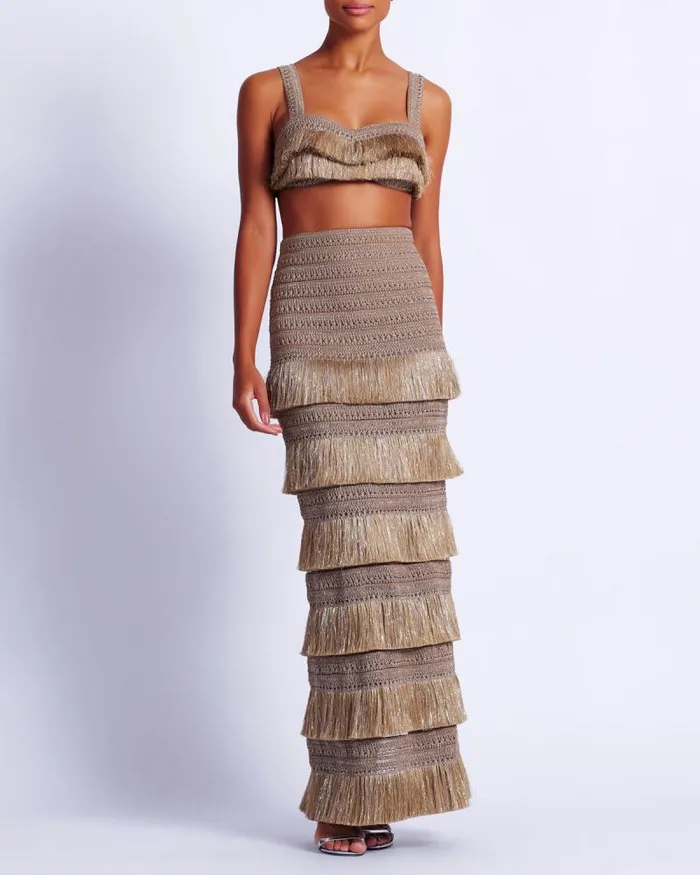 Women Bottoms PatBO Metallic Fringe Maxi Skirt Gold