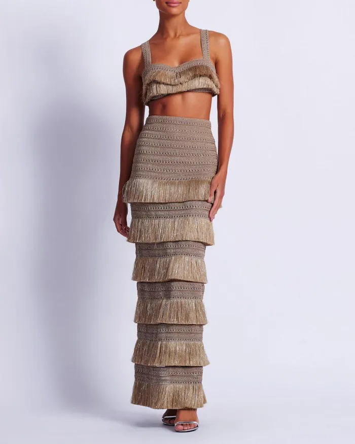 Women Bottoms PatBO Metallic Fringe Maxi Skirt Gold