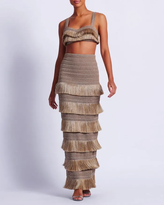Women Bottoms PatBO Metallic Fringe Maxi Skirt Gold