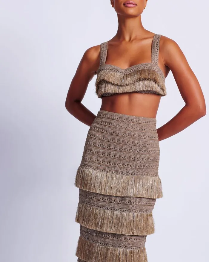 Women Bottoms PatBO Metallic Fringe Maxi Skirt Gold
