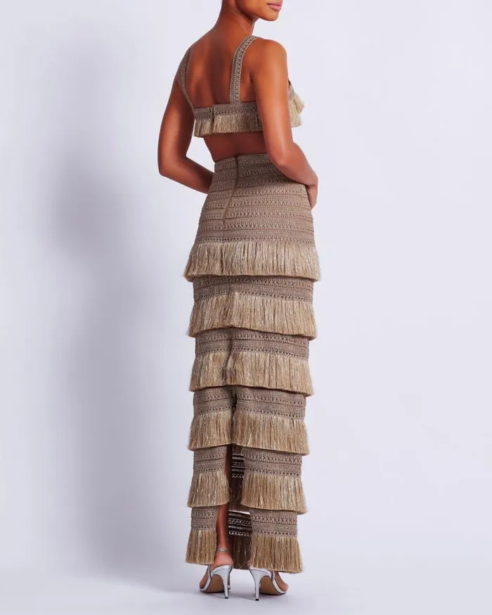 Women Bottoms PatBO Metallic Fringe Maxi Skirt Gold