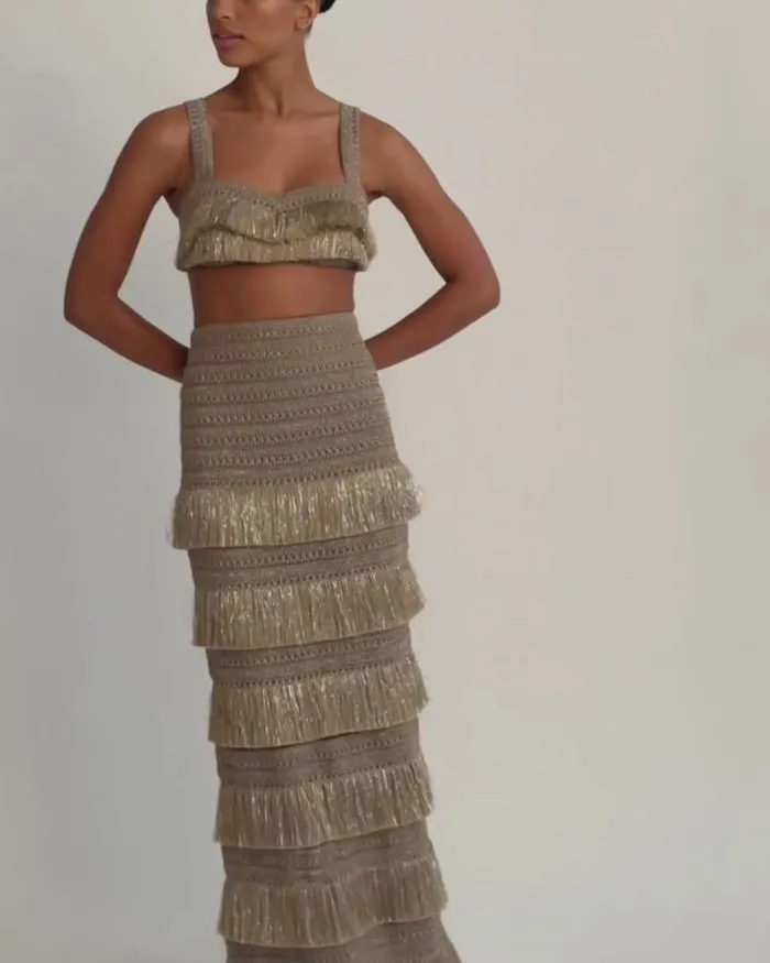 Women Bottoms PatBO Metallic Fringe Maxi Skirt Gold
