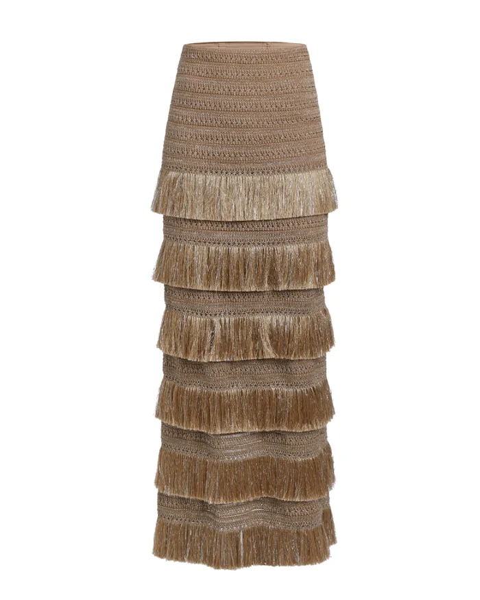 Women Bottoms PatBO Metallic Fringe Maxi Skirt Gold
