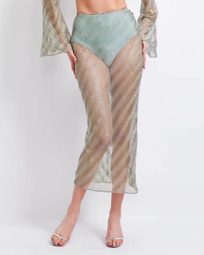 Women Bottoms PatBO RhinestoneNetted Midi Skirt FINAL SALE Green Stripe