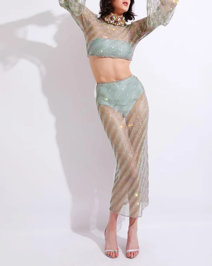 Women Bottoms PatBO RhinestoneNetted Midi Skirt FINAL SALE Green Stripe