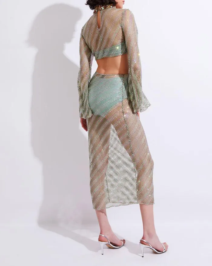 Women Bottoms PatBO RhinestoneNetted Midi Skirt FINAL SALE Green Stripe