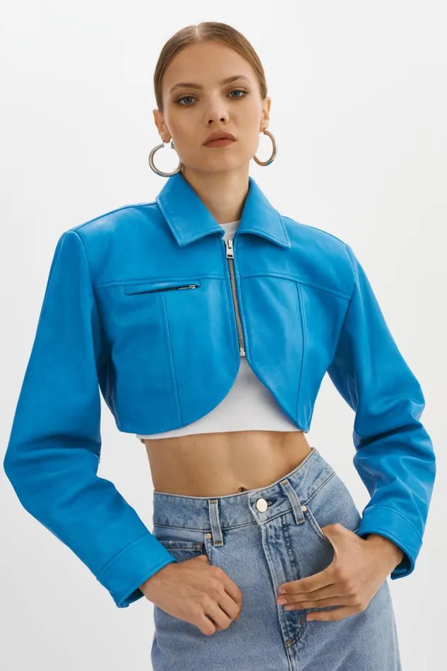 Women BRIELLE Cropped Leather Jacket Faded Jean LAMARQUE Leather Jackets Women BRIELLE Cropped Leather Jacket Faded Jean LAMARQUE Leather Jackets