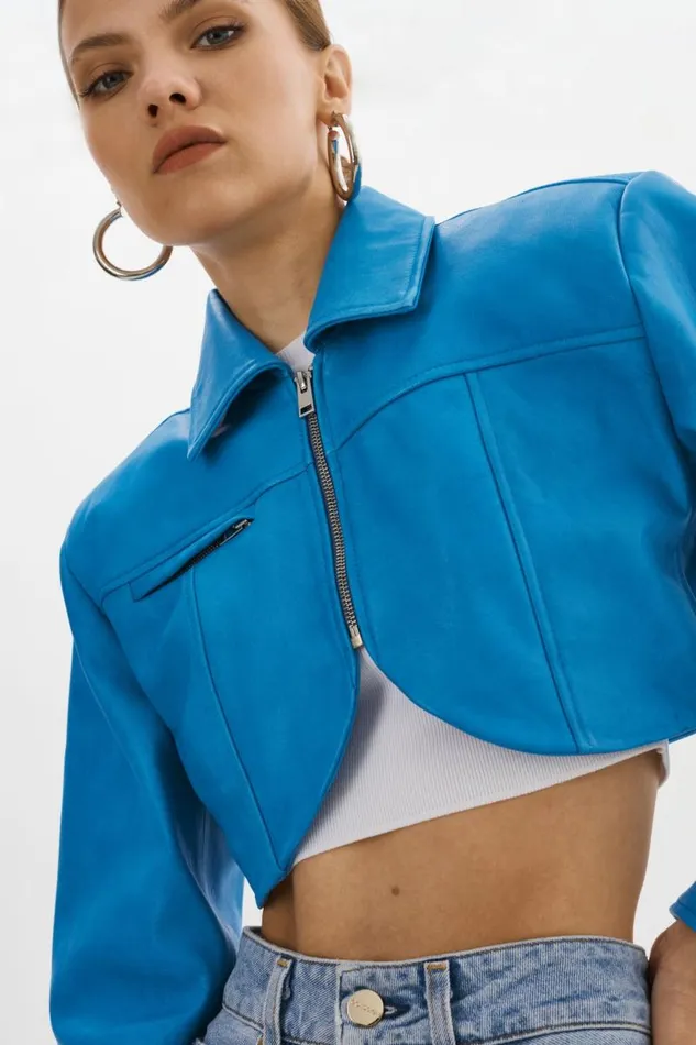 Women BRIELLE Cropped Leather Jacket Faded Jean LAMARQUE Leather Jackets Women BRIELLE Cropped Leather Jacket Faded Jean LAMARQUE Leather Jackets