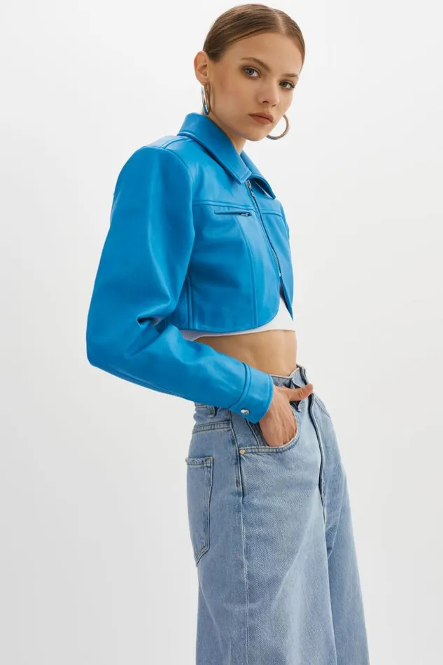 Women BRIELLE Cropped Leather Jacket Faded Jean LAMARQUE Leather Jackets Women BRIELLE Cropped Leather Jacket Faded Jean LAMARQUE Leather Jackets