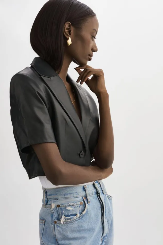 Women CALATEA Short Sleeve Blazer Black LAMARQUE Leather Jackets
