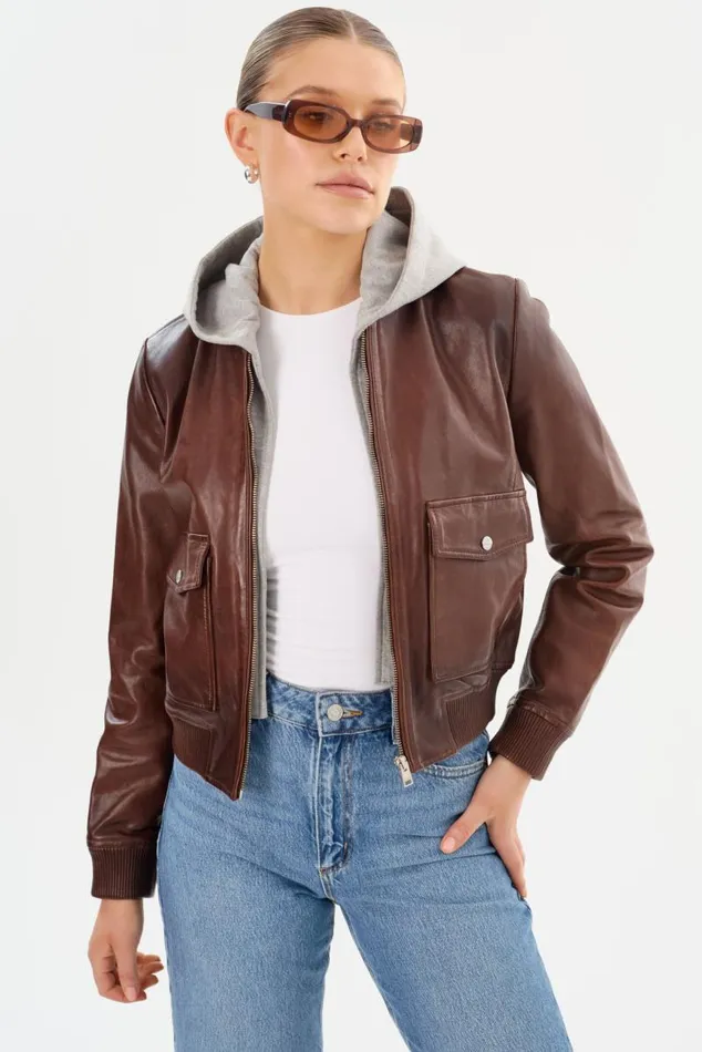 Women CANDACE Leather Bomber Jacket Chocolate Brownheather Grey LAMARQUE Leather Jackets