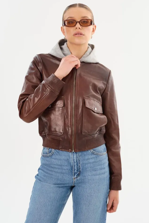 Women CANDACE Leather Bomber Jacket Chocolate Brownheather Grey LAMARQUE Leather Jackets Women CANDACE Leather Bomber Jacket Chocolate Brownheather Grey LAMARQUE Leather Jackets