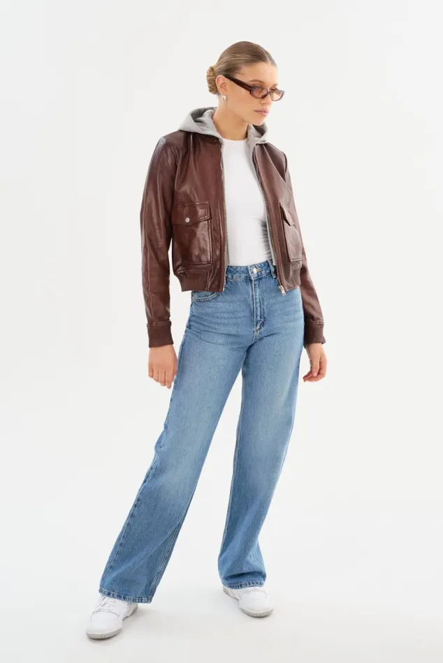 Women CANDACE Leather Bomber Jacket Chocolate Brownheather Grey LAMARQUE Leather Jackets Women CANDACE Leather Bomber Jacket Chocolate Brownheather Grey LAMARQUE Leather Jackets