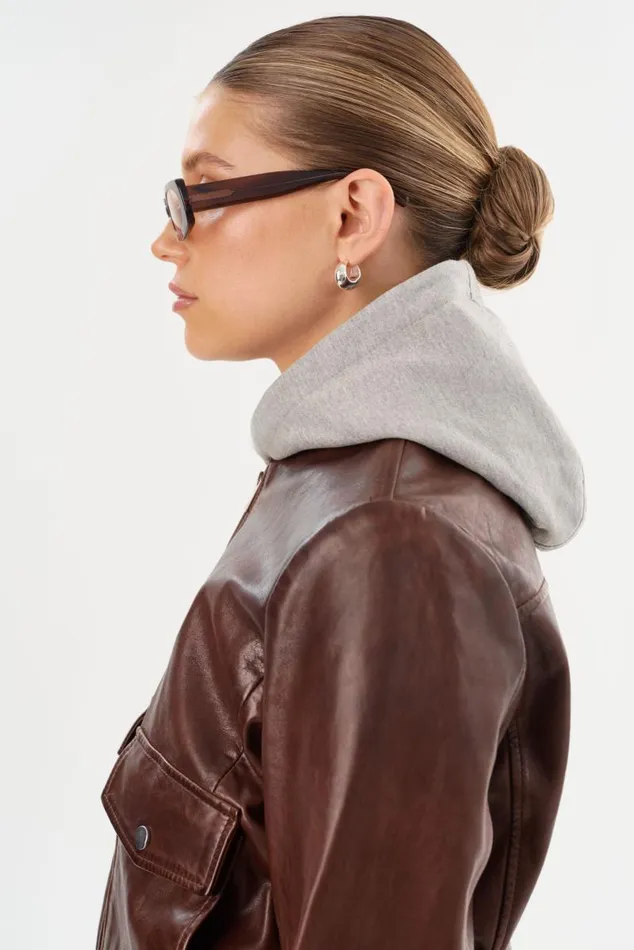 Women CANDACE Leather Bomber Jacket Chocolate Brownheather Grey LAMARQUE Leather Jackets Women CANDACE Leather Bomber Jacket Chocolate Brownheather Grey LAMARQUE Leather Jackets