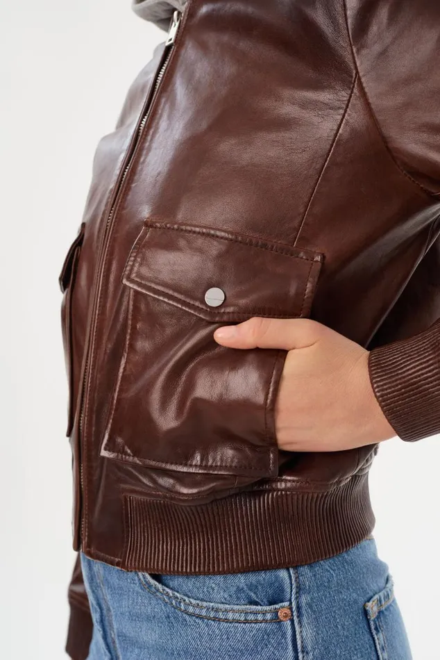 Women CANDACE Leather Bomber Jacket Chocolate Brownheather Grey LAMARQUE Leather Jackets Women CANDACE Leather Bomber Jacket Chocolate Brownheather Grey LAMARQUE Leather Jackets