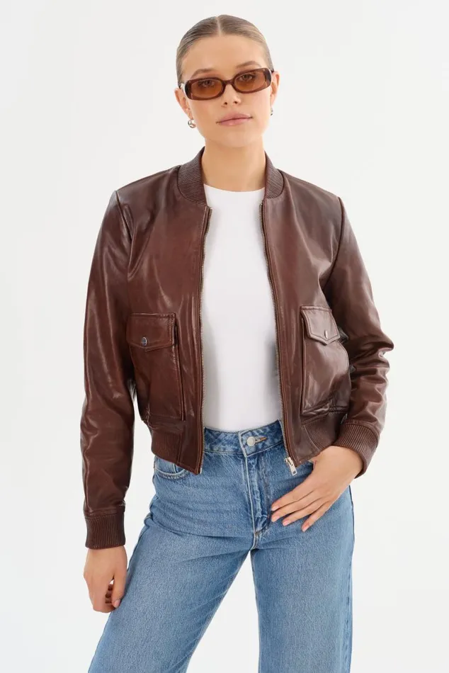 Women CANDACE Leather Bomber Jacket Chocolate Brownheather Grey LAMARQUE Leather Jackets Women CANDACE Leather Bomber Jacket Chocolate Brownheather Grey LAMARQUE Leather Jackets