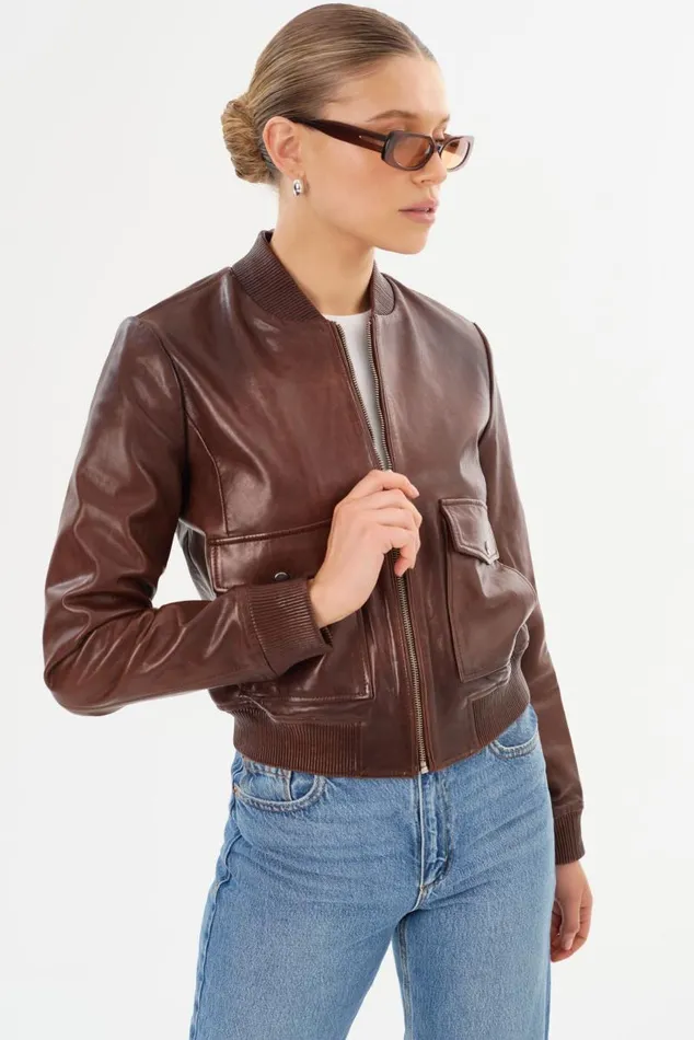Women CANDACE Leather Bomber Jacket Chocolate Brownheather Grey LAMARQUE Leather Jackets Women CANDACE Leather Bomber Jacket Chocolate Brownheather Grey LAMARQUE Leather Jackets