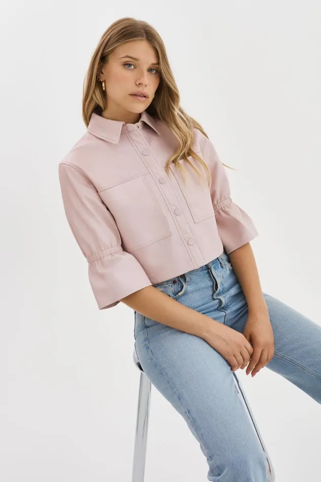 Women CAROLINA Leather Ruffle Sleeve Jacket Rose LAMARQUE Leather Jackets