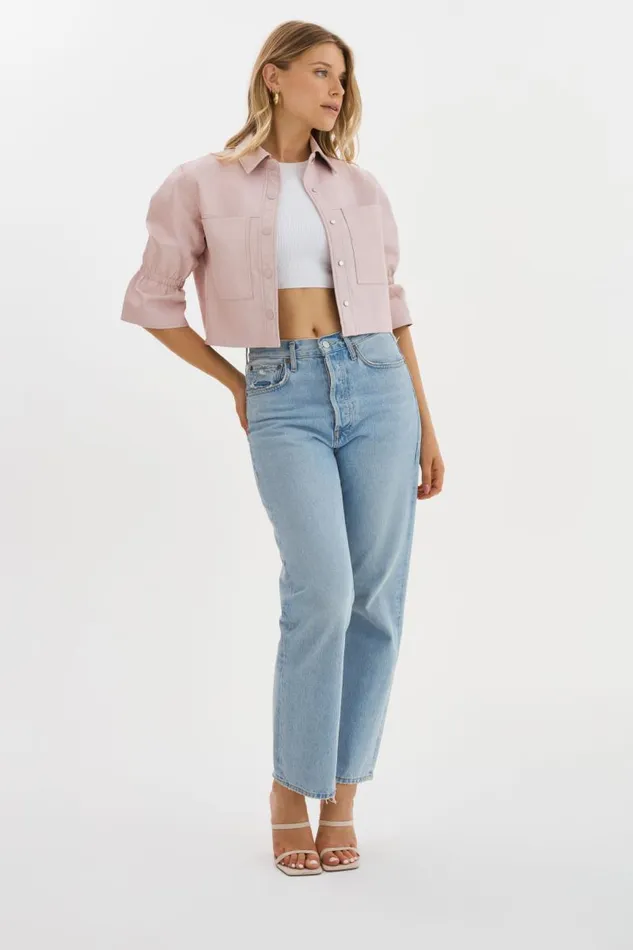 Women CAROLINA Leather Ruffle Sleeve Jacket Rose LAMARQUE Leather Jackets