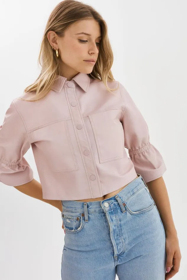 Women CAROLINA Leather Ruffle Sleeve Jacket Rose LAMARQUE Leather Jackets