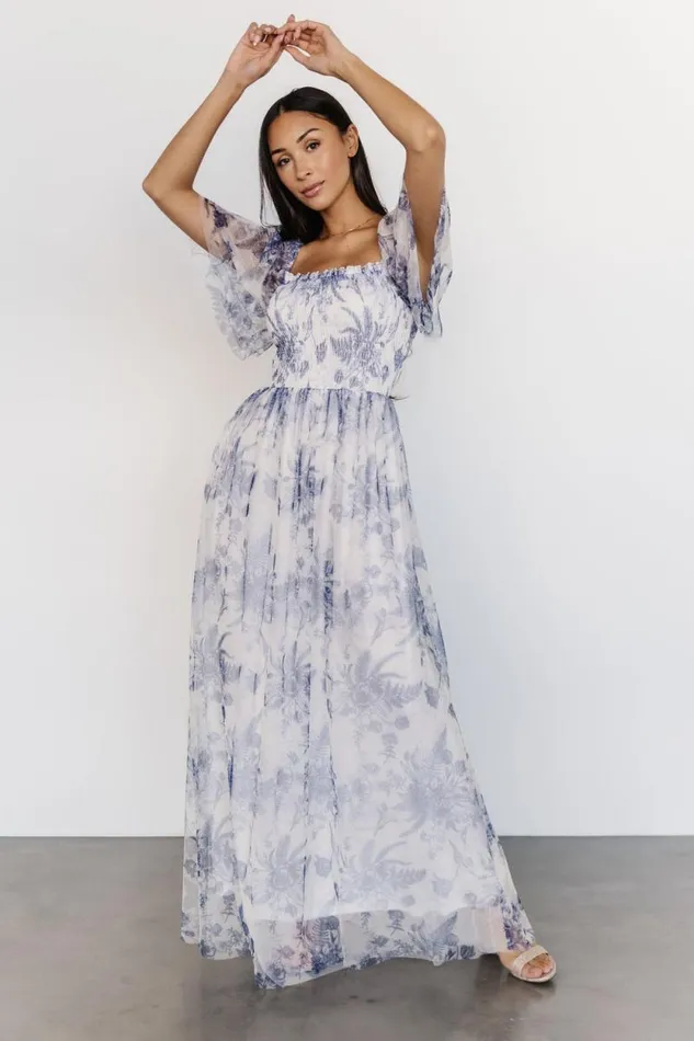Women Cassandra Tulle Maxi Dress Blue White Floral Baltic Born Tulle Styles